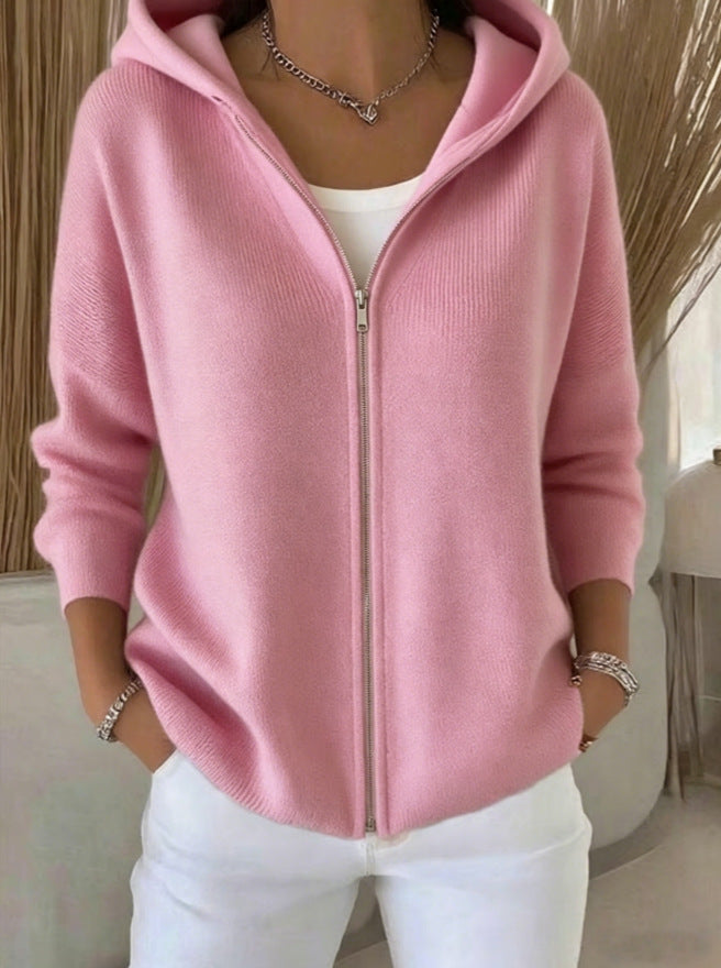 Womens Oversized Hooded Zip Up Knit Cardigan