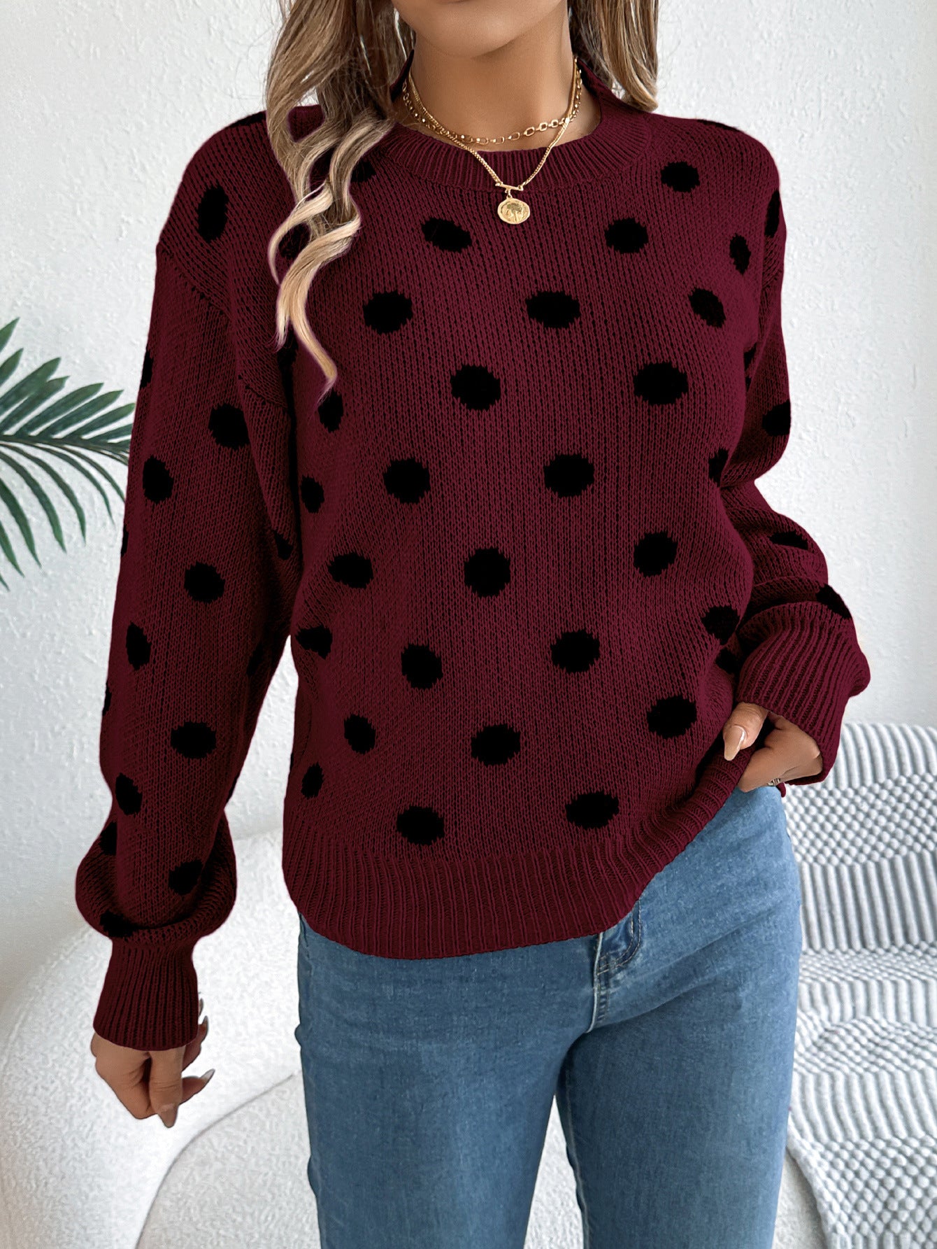 Women's Casual Contrasting Polka Dot Long-sleeved Pullover Sweater