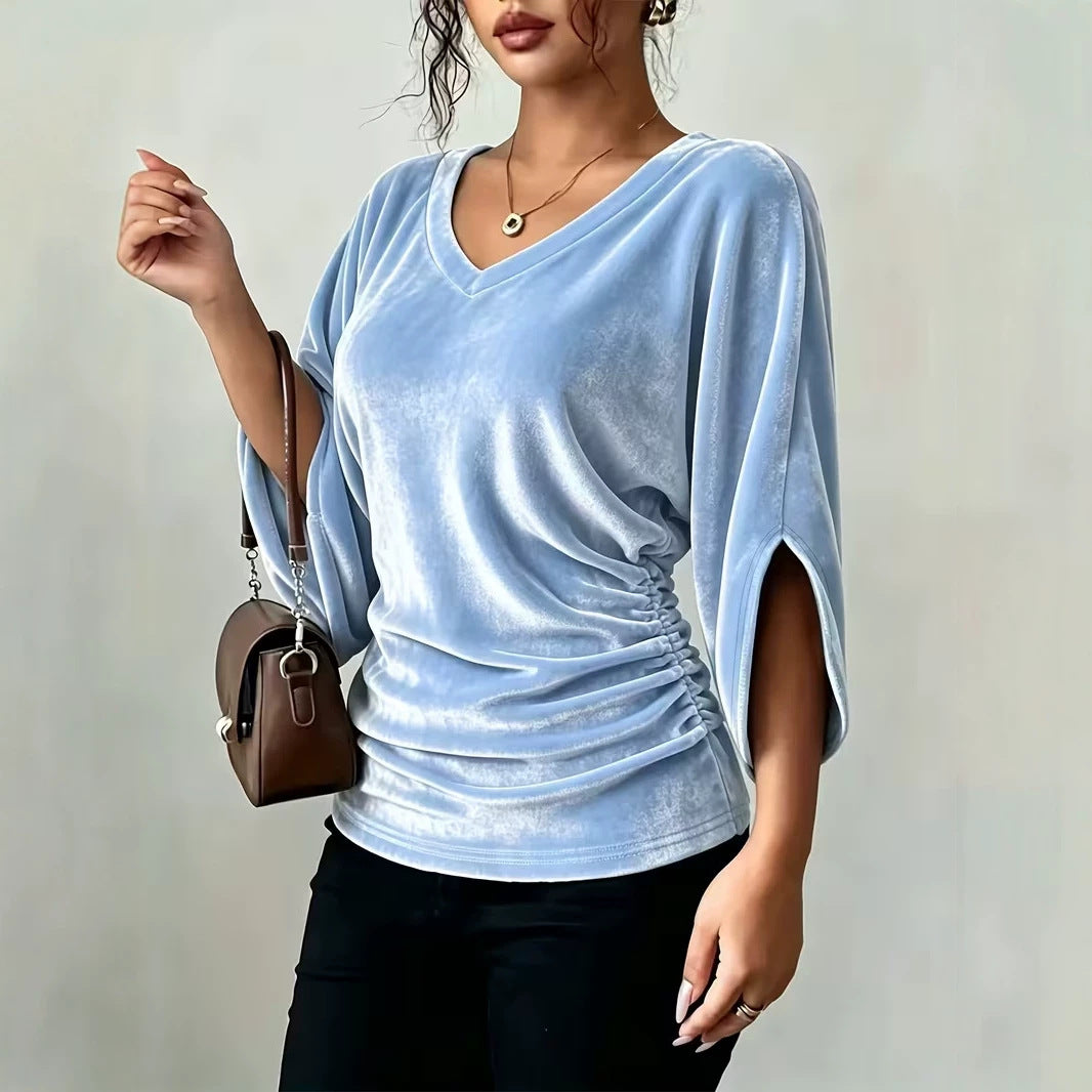 Women's Velvet V Neck Batwing 3/4 Sleeve Ruched Top