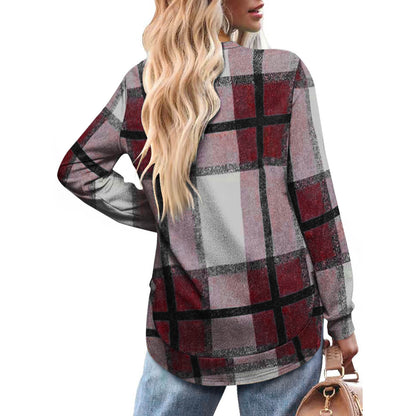 Women's Oversized Plaid Long Sleeve Tunic Top Curved Hem