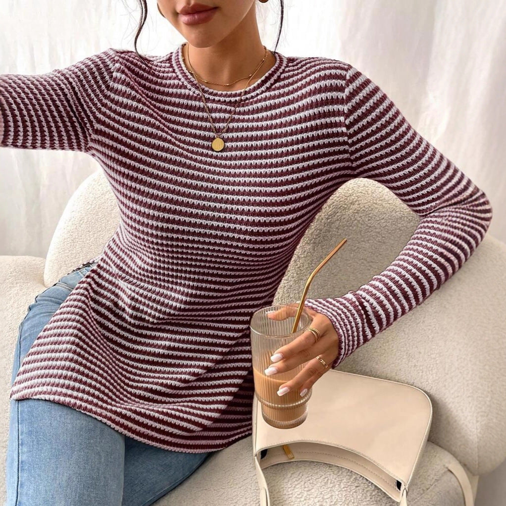 Striped Ribbed Knit Long Sleeve Side Slit Casual Top