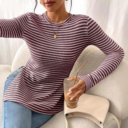 Striped Ribbed Knit Long Sleeve Side Slit Casual Top
