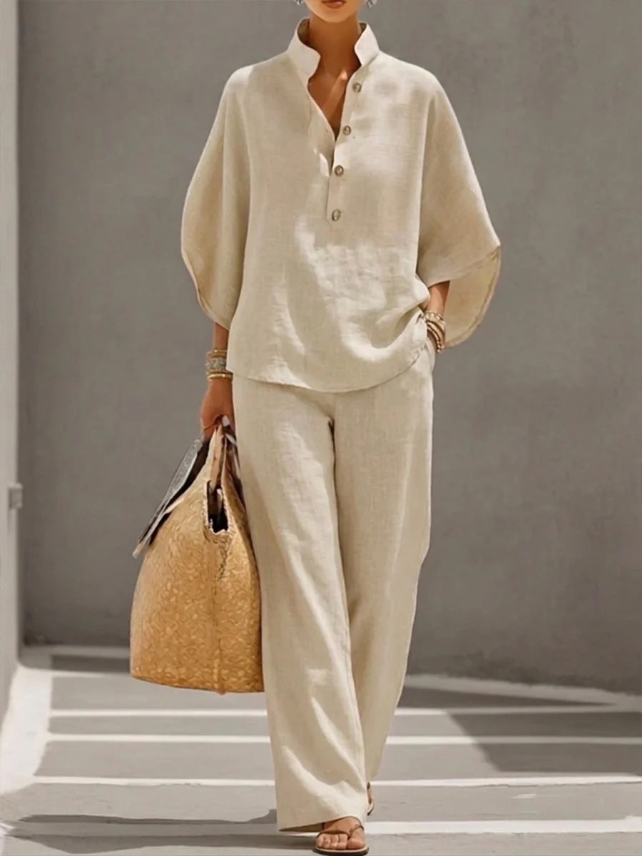 Womens Linen Blend Shirt & Wide Leg Pants Matching Set