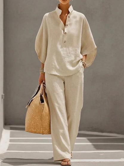 Womens Linen Blend Shirt & Wide Leg Pants Matching Set