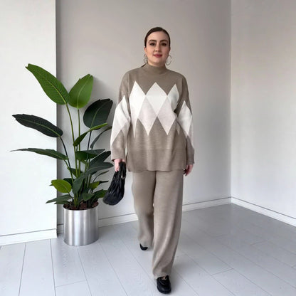 Women's Argyle Knit Sweater & Pants Two Piece Lounge Set