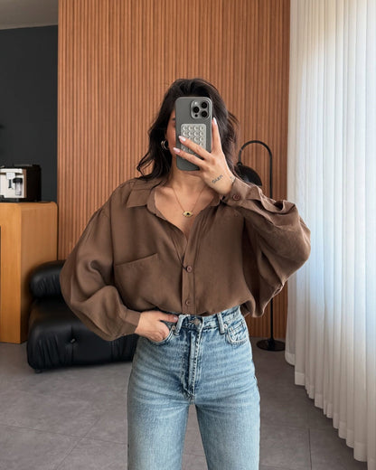 Women's Oversized Collared Pocket Button Down Shirt