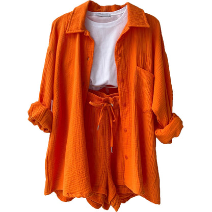 Women's Textured Shirt & Drawstring Shorts Matching Set