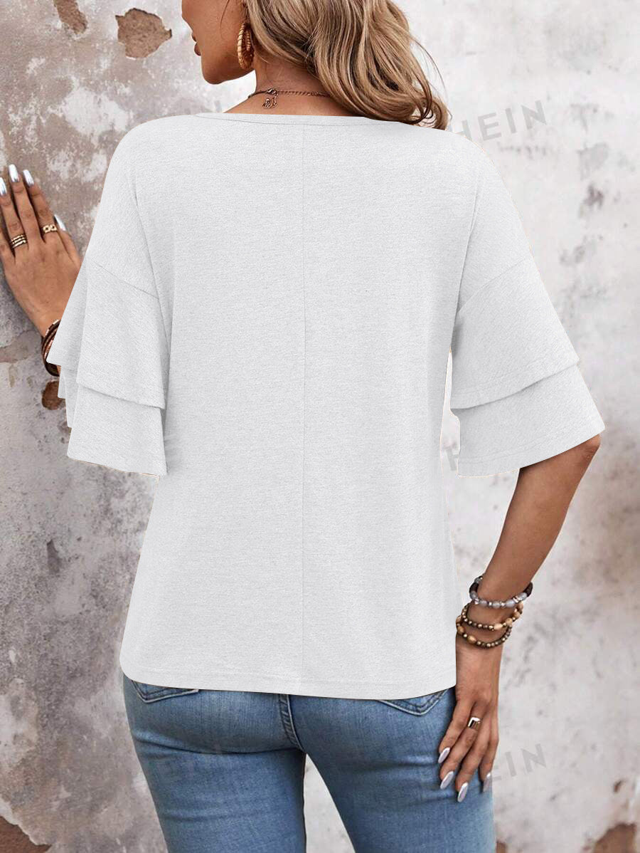Customizable  Women's V-Neck Flutter Sleeve Top – Casual Summer T-Shirt