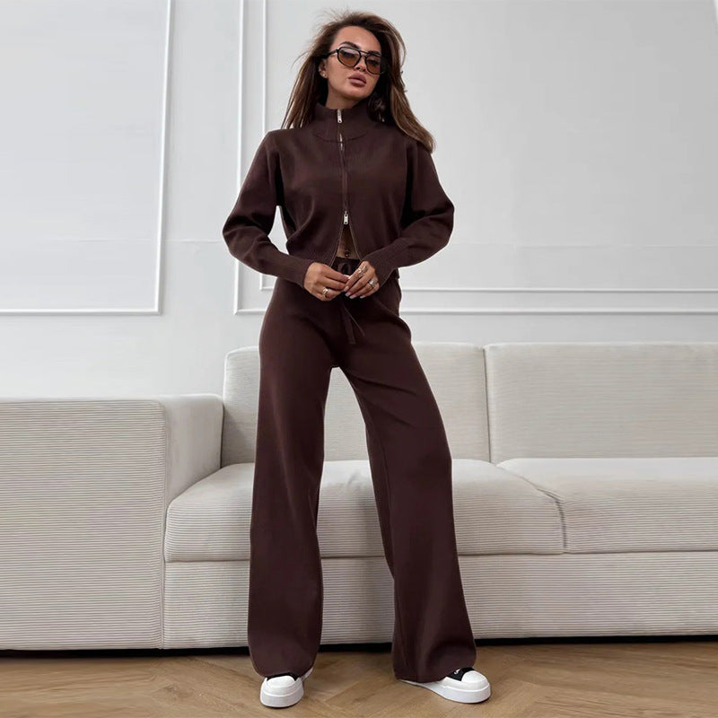 Women's Knit Lounge Set Zip Up Top Wide Leg Pants