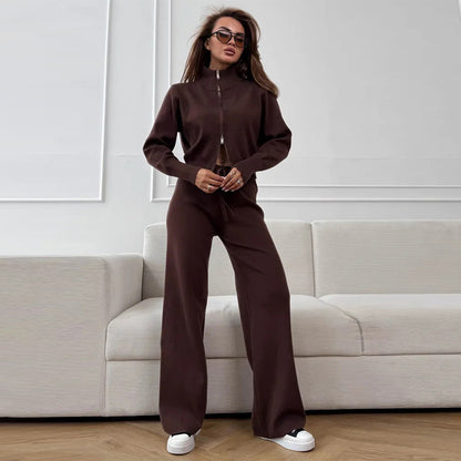 Women's Knit Lounge Set Zip Up Top Wide Leg Pants