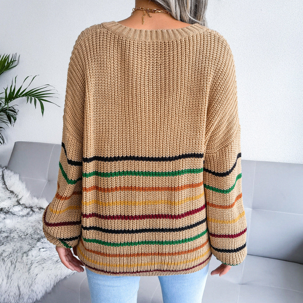 Women's Rainbow Striped Casual Loose Sweater