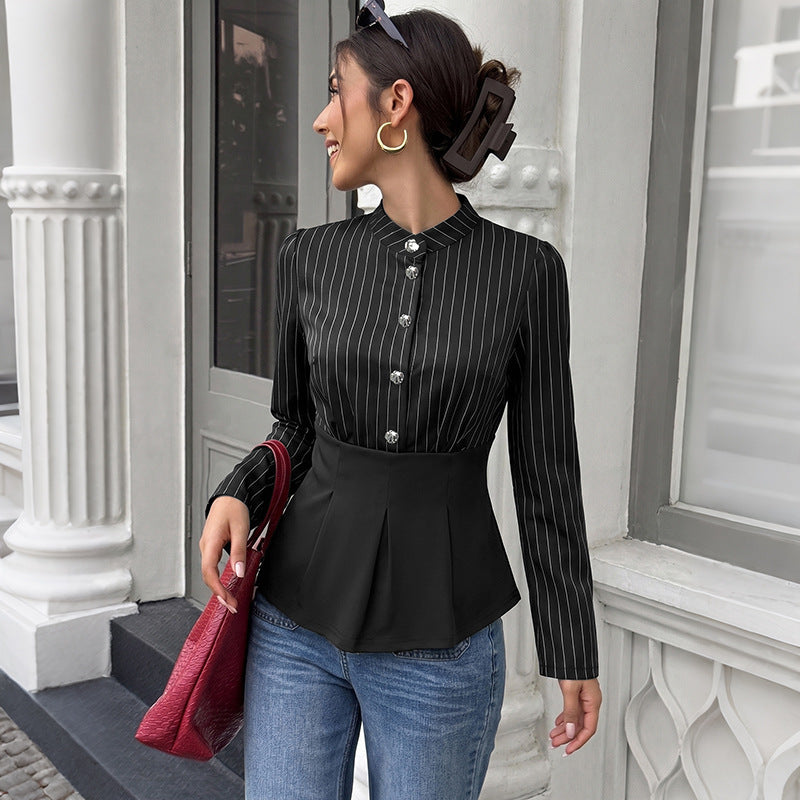 Striped Button Peplum Shirt Slim Fit Long Sleeve Blouse