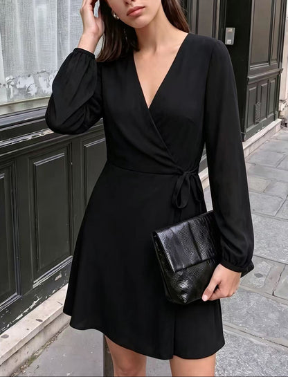 V-Neck Wrap Dress Long Puff Sleeve Tie Waist A-Line
