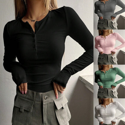 Women's Ribbed Henley Long Sleeve Fitted Knit Top