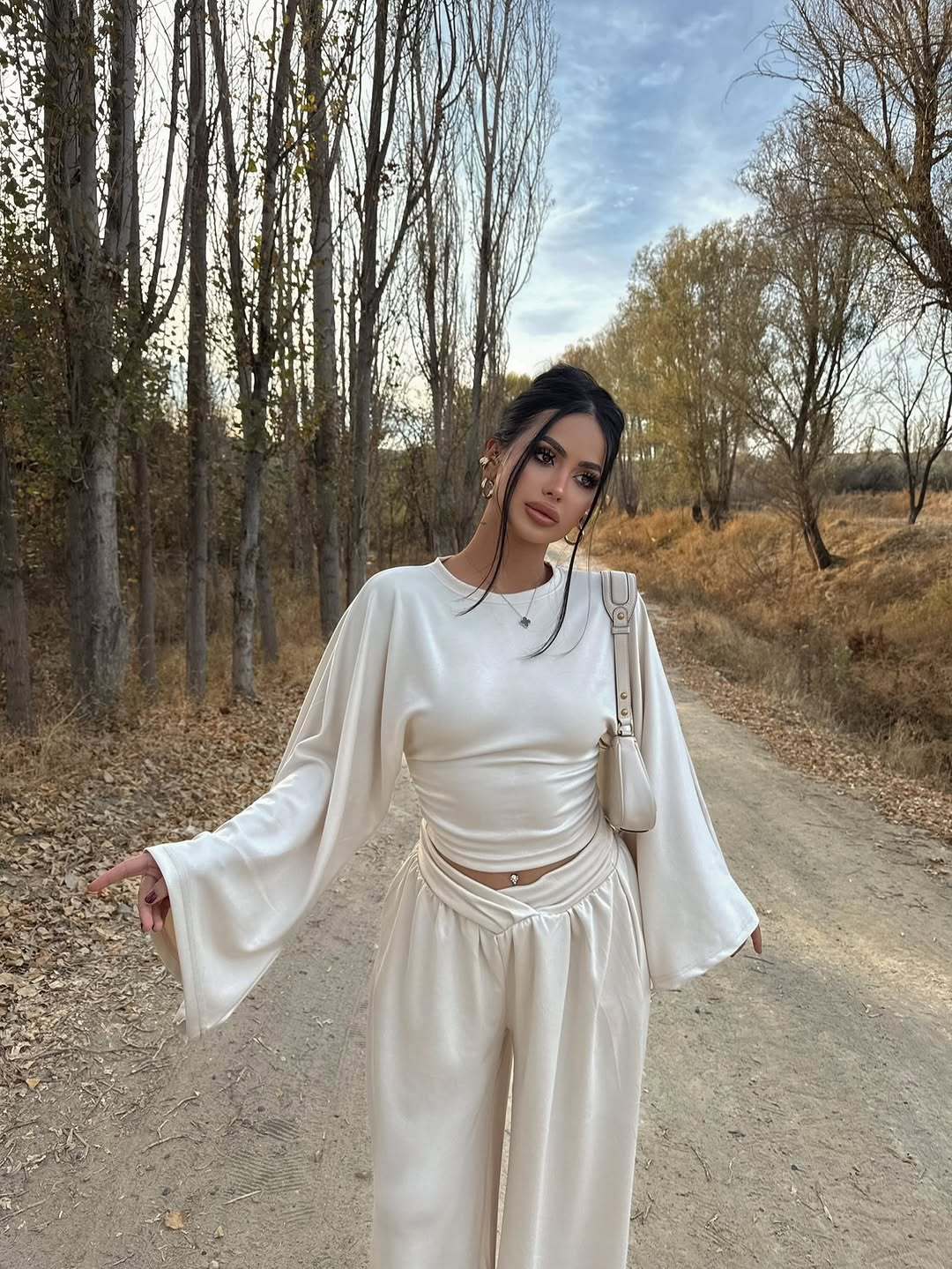 Satin Two Piece Set Ruched Top Wide Leg Pants