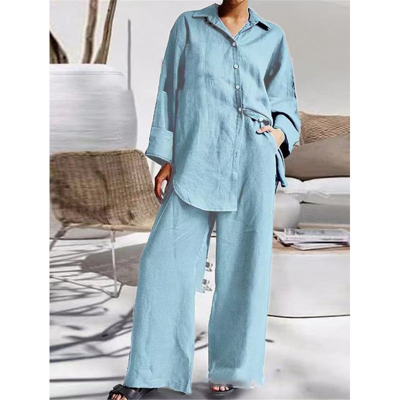 Linen Blend Button Shirt Pants Two Piece Set Casual Outfit