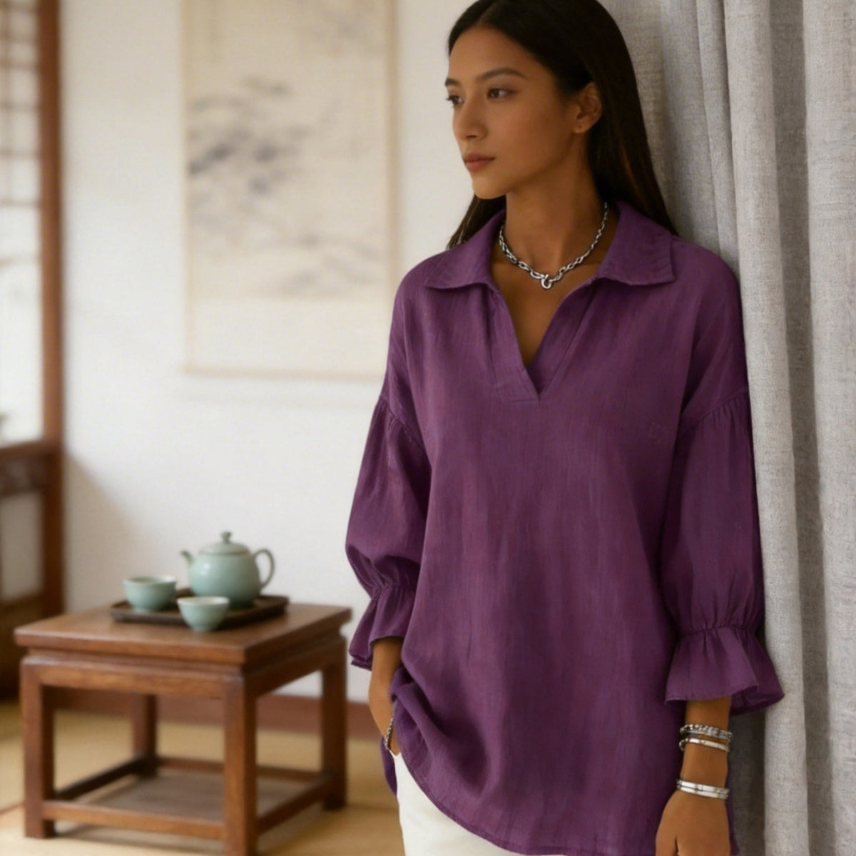 Oversized Collared V-Neck Blouse Ruffle Sleeve Casual Top
