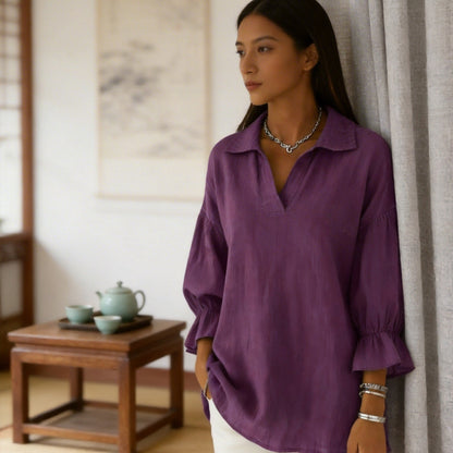 Oversized Collared V-Neck Blouse Ruffle Sleeve Casual Top