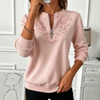 Women's Floral Embroidered Half Zip Sweatshirt Pullover