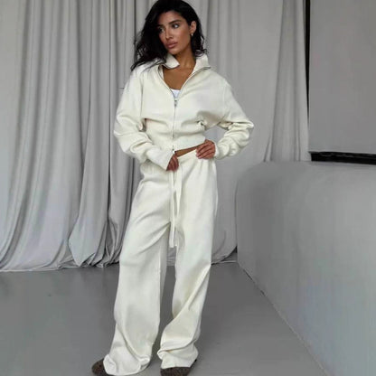 Women's Knit Lounge Set Zip Up Top Wide Leg Pants