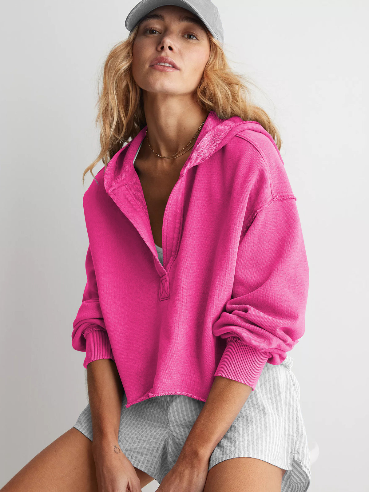 Women's Oversized Cropped Hoodie V-Neck Pullover