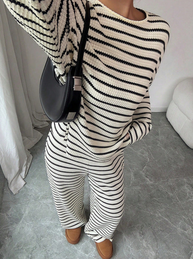 Stripe Knit Lounge Set Crew Neck Top and Wide Leg Pants