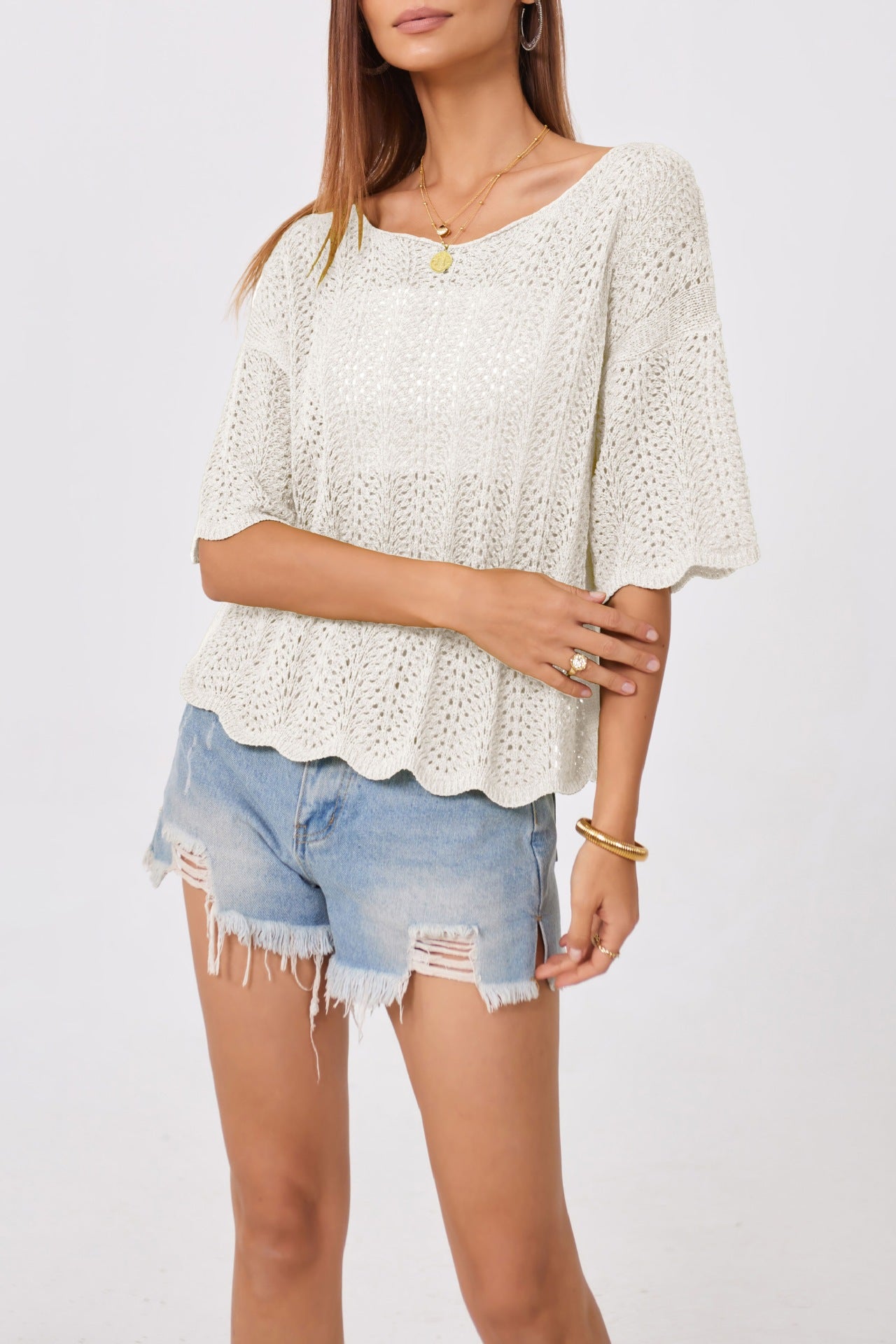 Crochet Knit Sweater Top Loose Hollow Out Short Sleeve Pullover
