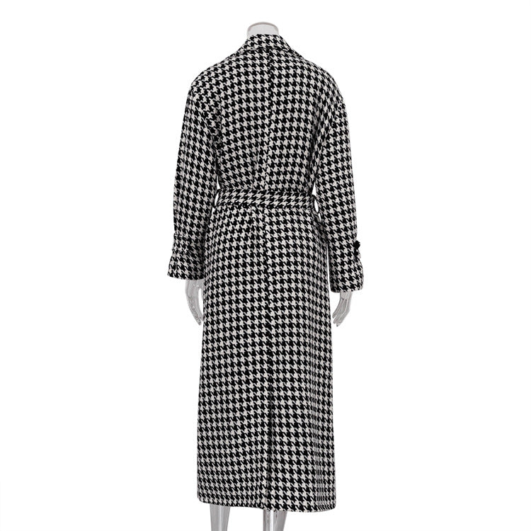 Women's Houndstooth Maxi Winter Coat Double Breasted Belted