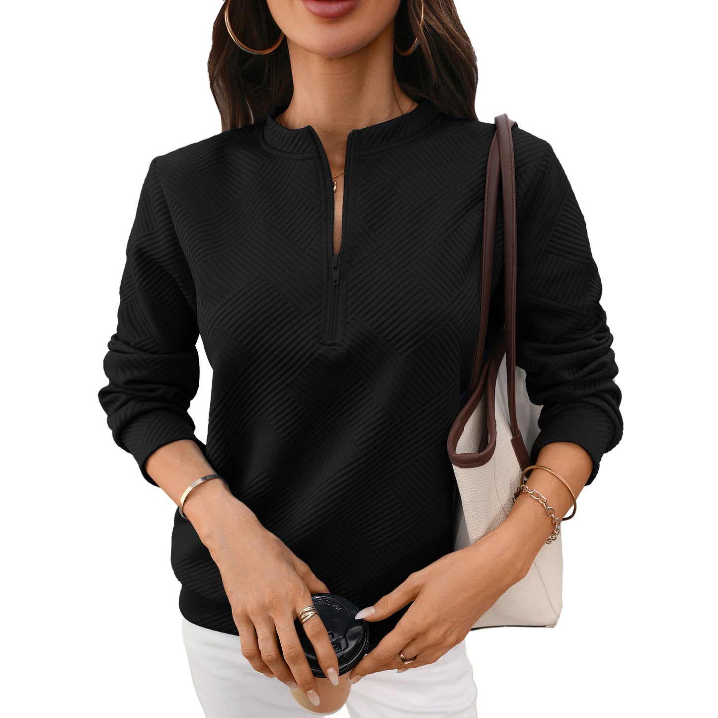 Quilted Half Zip Sweatshirt Loose Textured Pullover