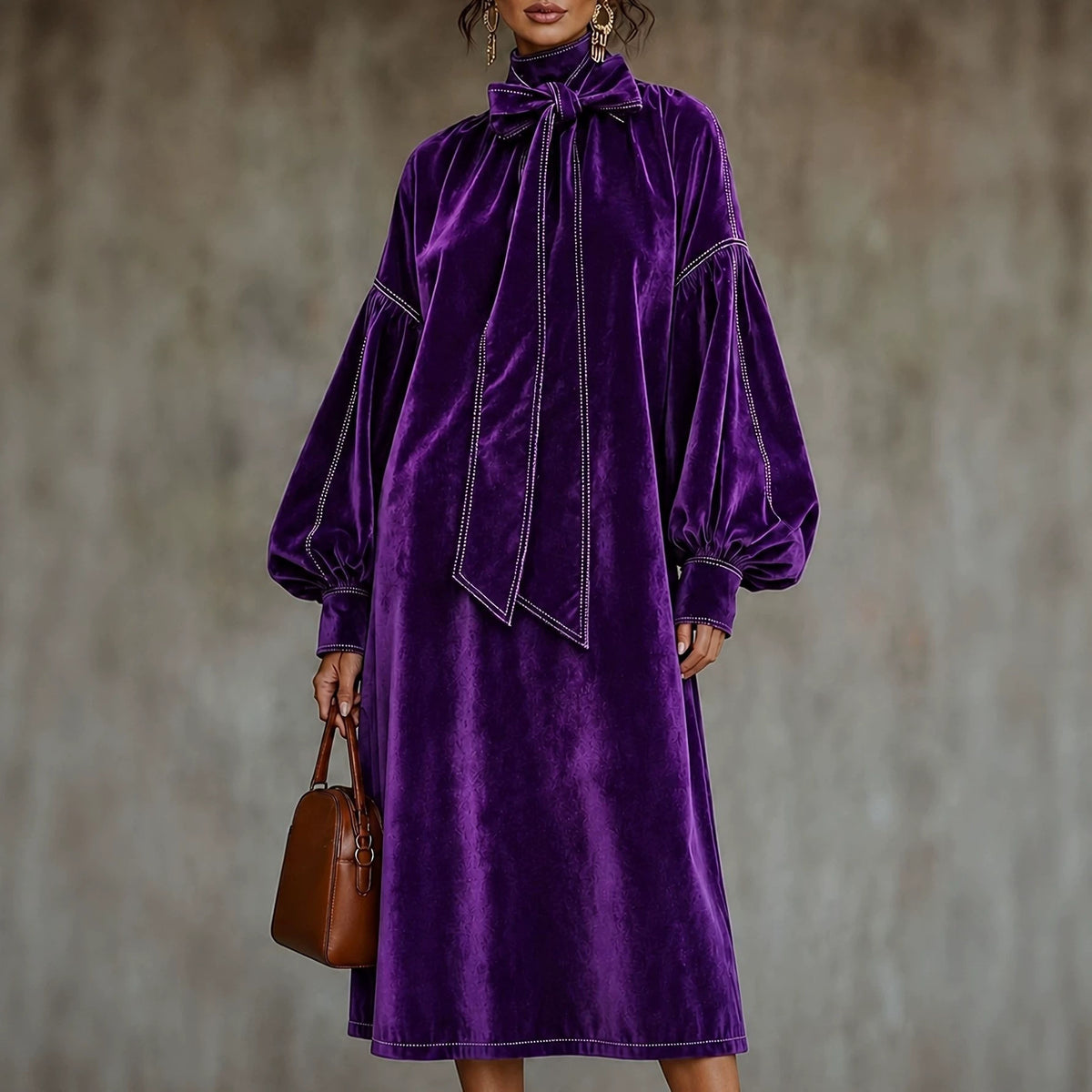 Elegant Velvet Tie Neck Midi Dress Long Puff Sleeve