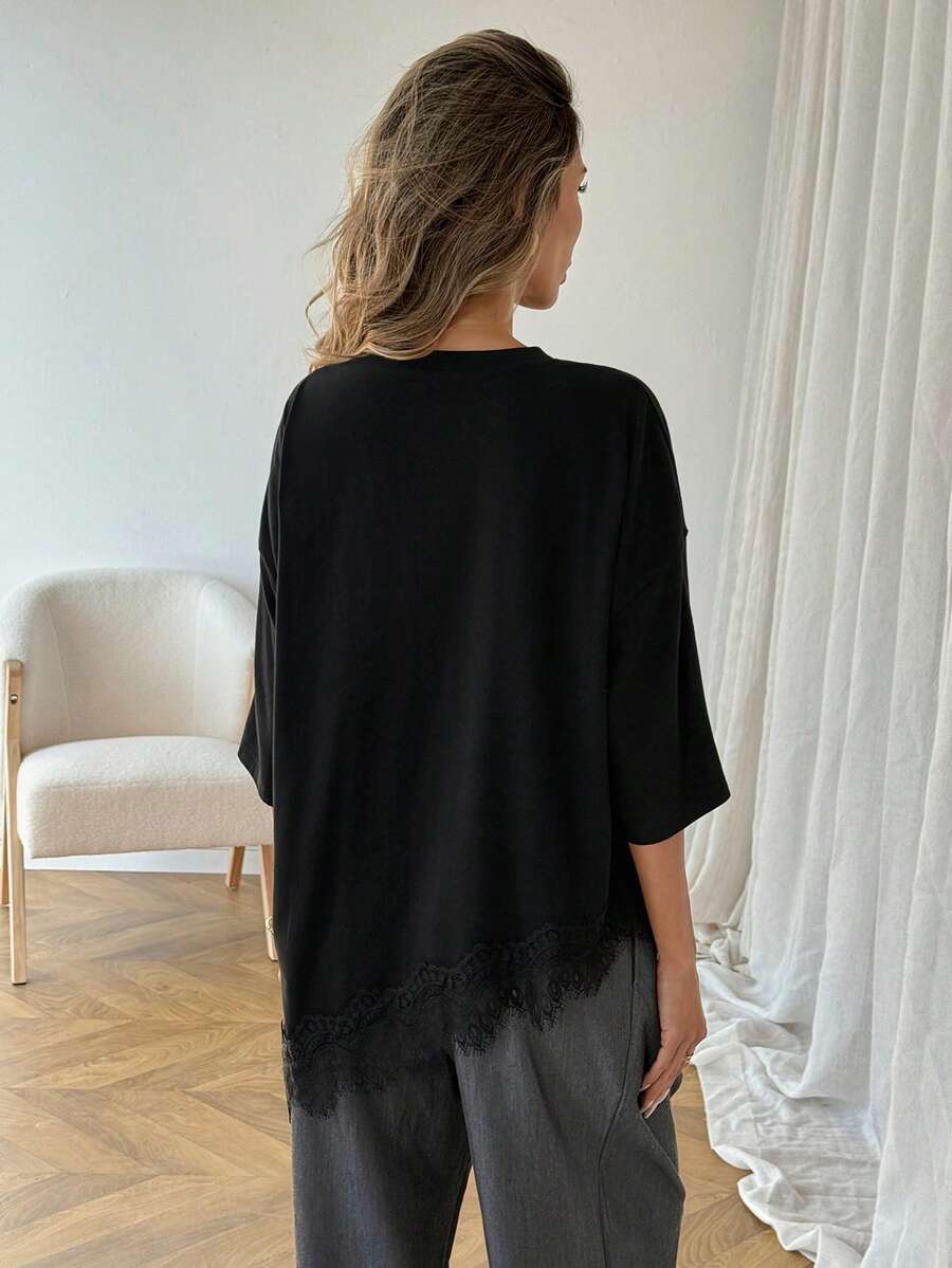 Lace Trim T Shirt Loose Fit Short Sleeve Top