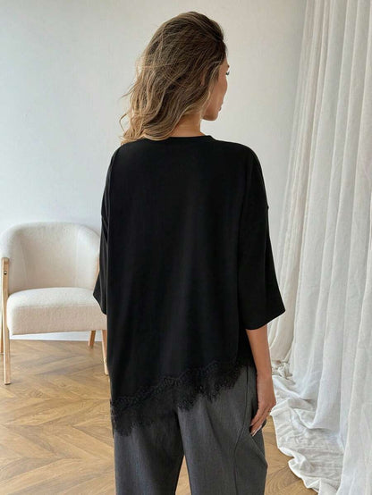 Lace Trim T Shirt Loose Fit Short Sleeve Top