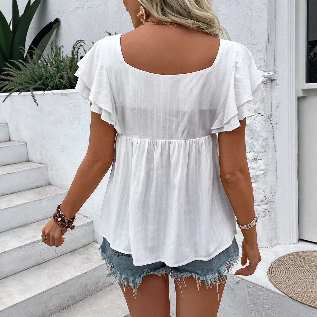 Women's Floral Embroidered Square Neck Babydoll Top