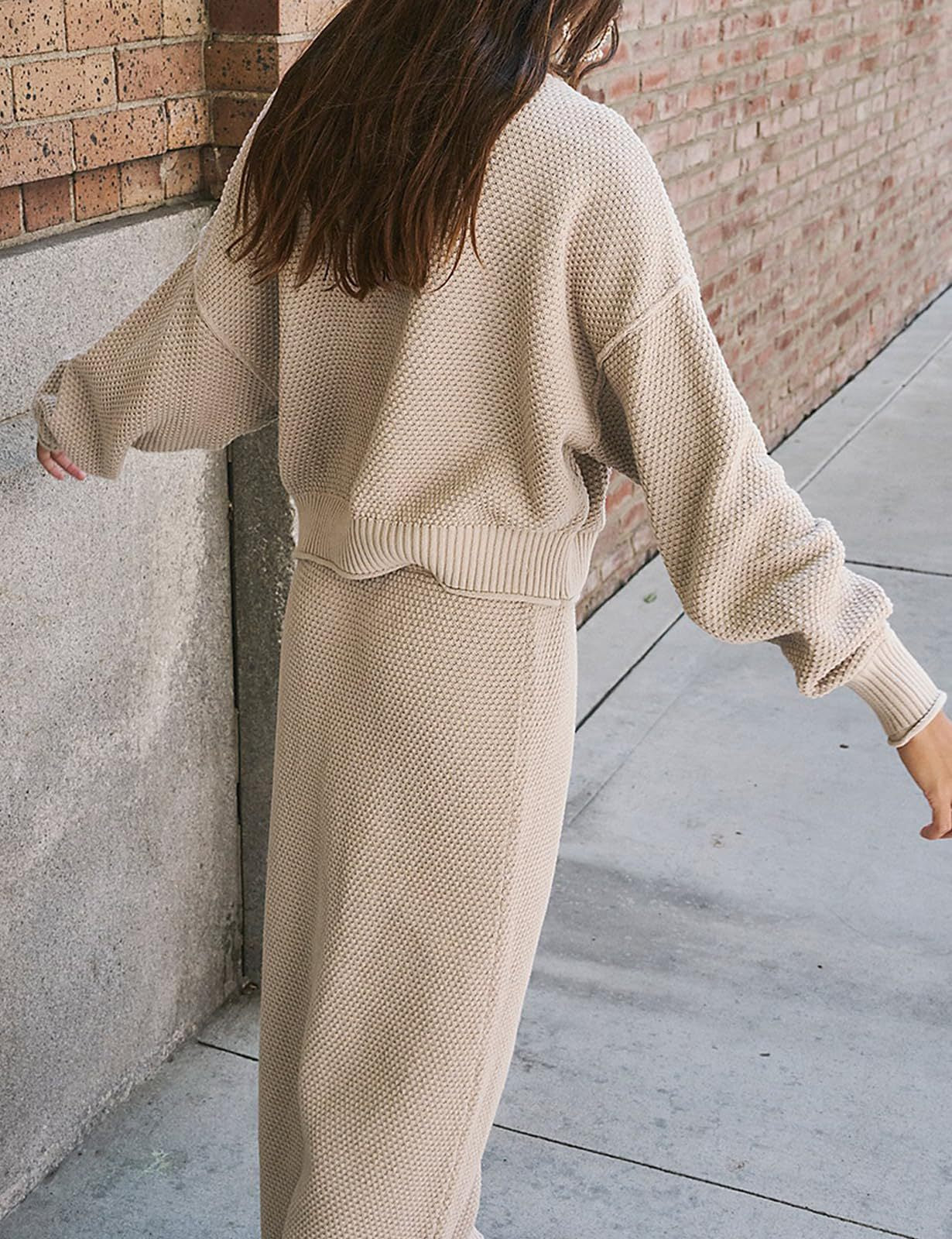 Women's Knit Two Piece Set Mock Neck Sweater Midi Skirt