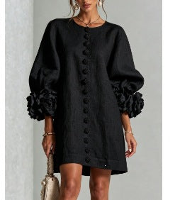 Elegant Floral Applique Balloon Sleeve A-Line Mini Dress