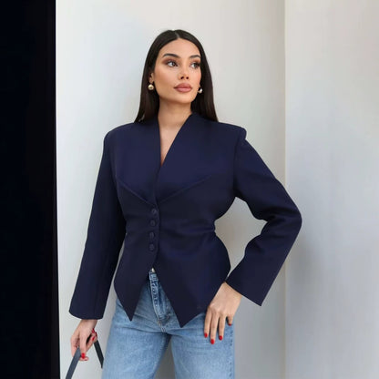 Women's V-Neck Cinched Waist Blazer Asymmetric Hem