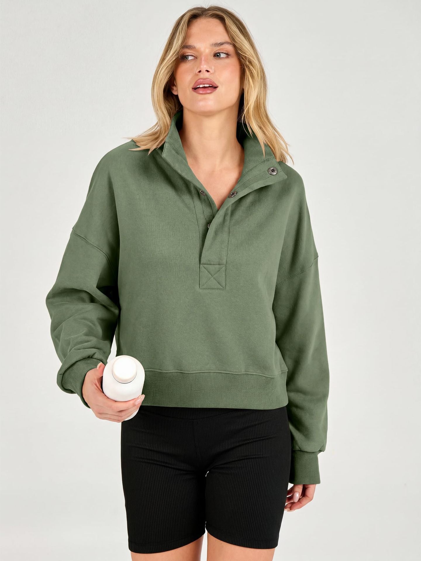 Cropped Henley Sweatshirt Polo Collar Relaxed Fit