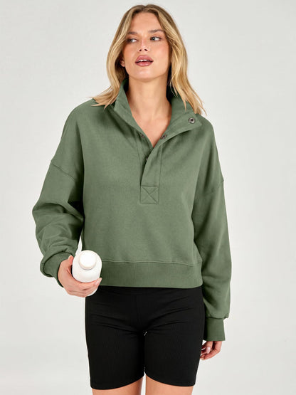 Cropped Henley Sweatshirt Polo Collar Relaxed Fit
