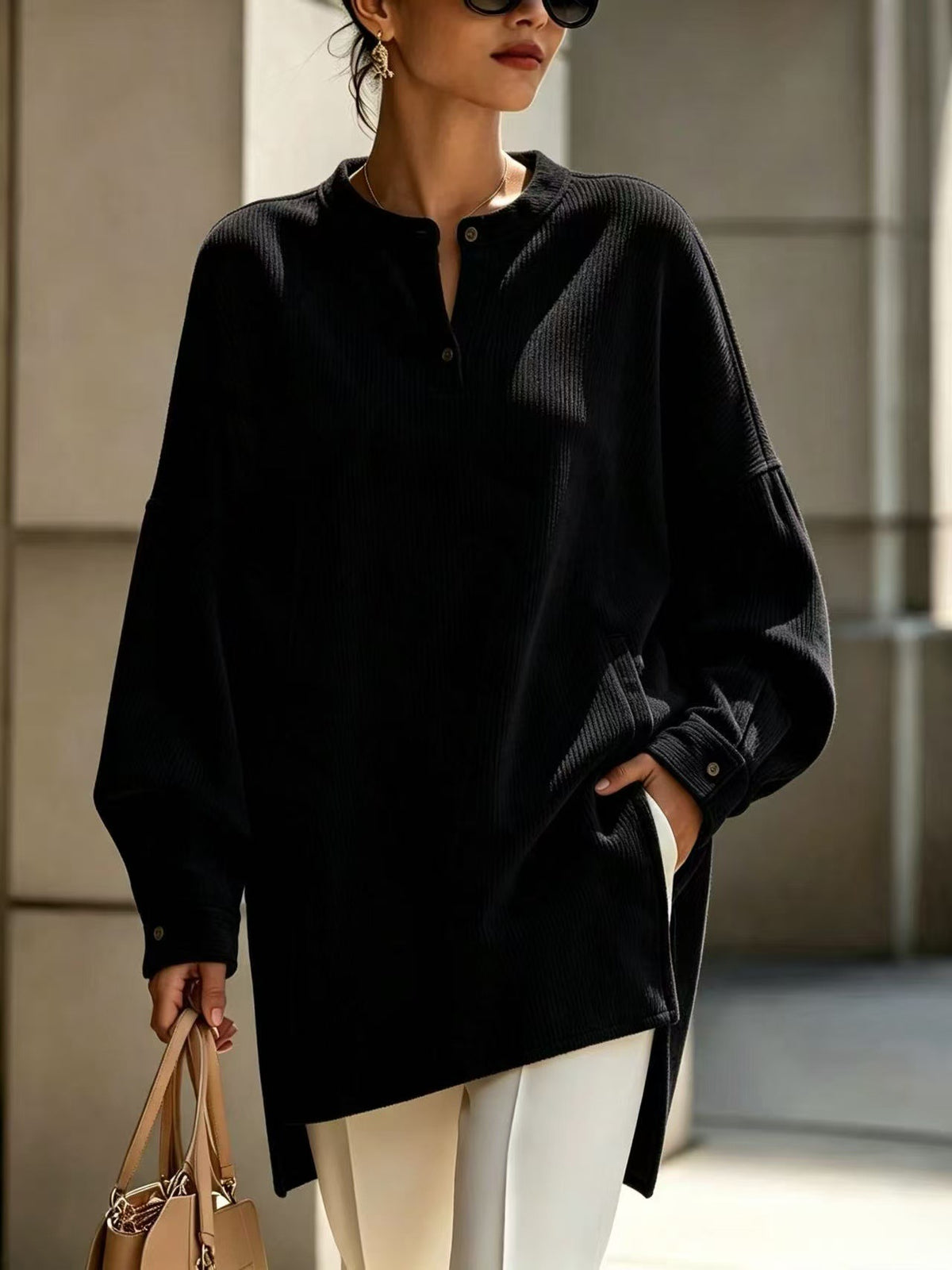 Women's Oversized Henley Tunic Textured Long Sleeve