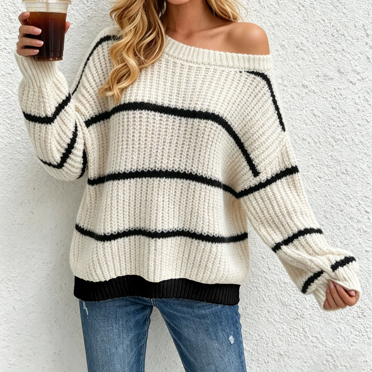 Women's Off Shoulder Striped Oversized Sweater