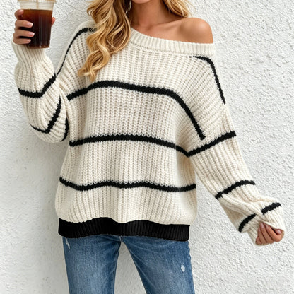 Women's Off Shoulder Striped Oversized Sweater