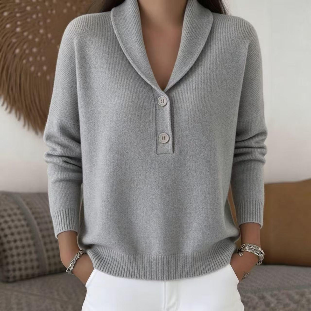Women's Shawl Collar Button Pullover Sweater Soft Knit