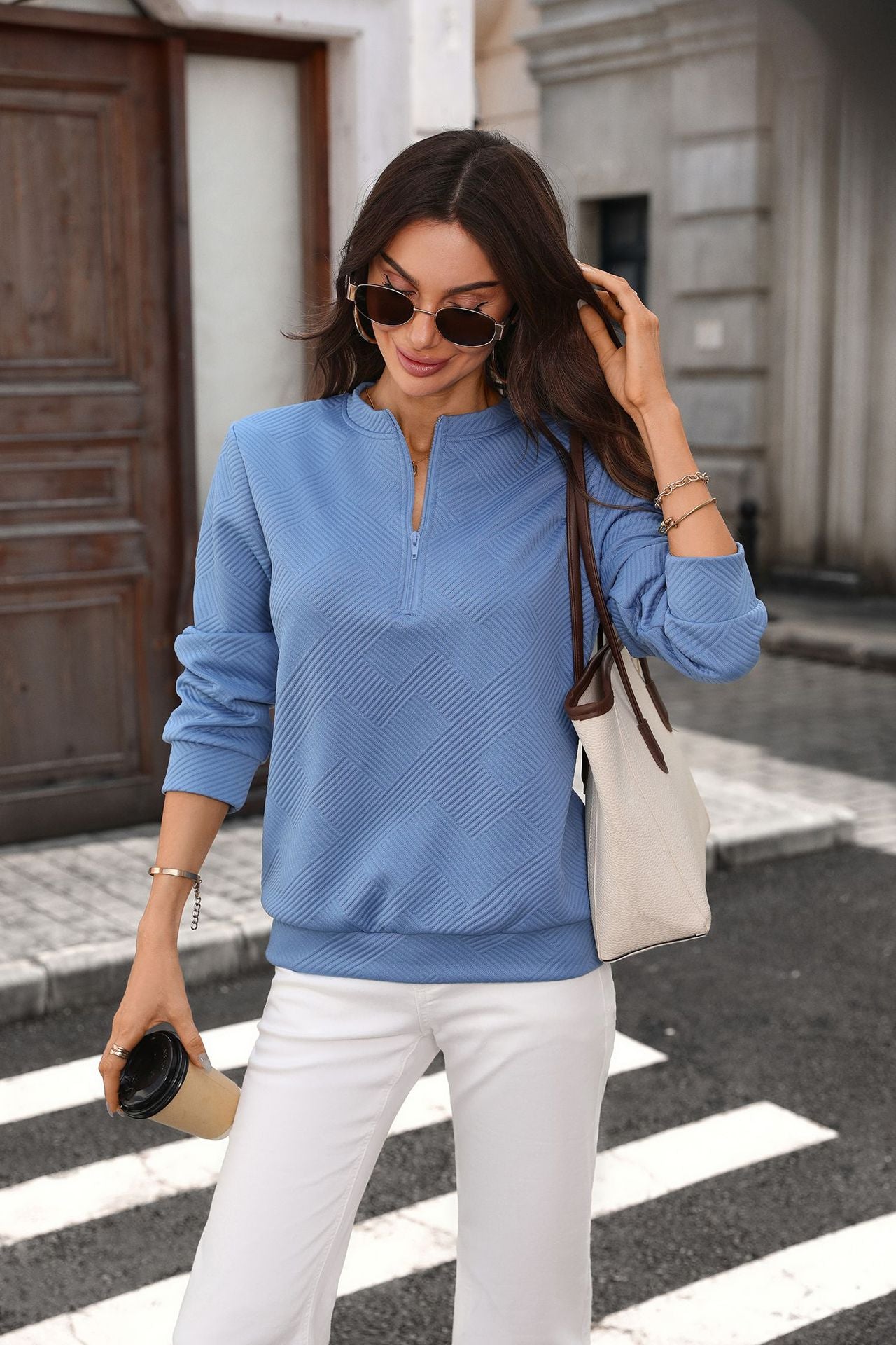 Quilted Half Zip Sweatshirt Loose Textured Pullover