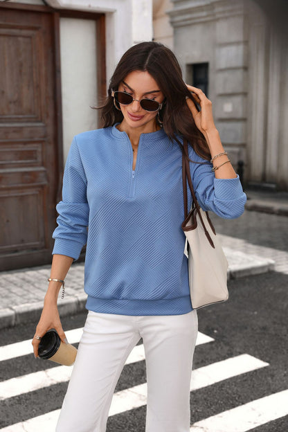 Quilted Half Zip Sweatshirt Loose Textured Pullover