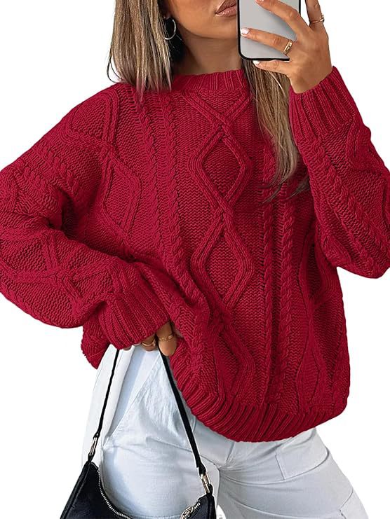 Womens Oversized Cable Knit Crewneck Pullover Sweater