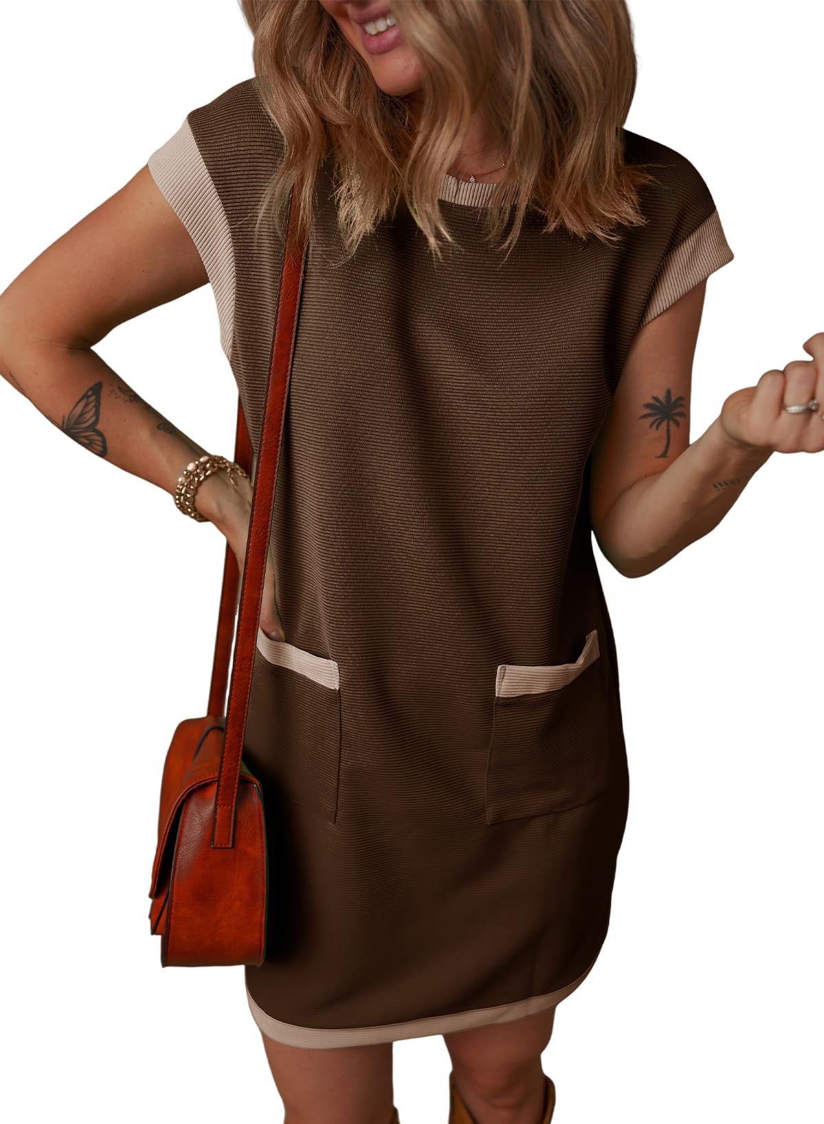 Colorblock Pocket T Shirt Mini Dress Casual Loose Fit