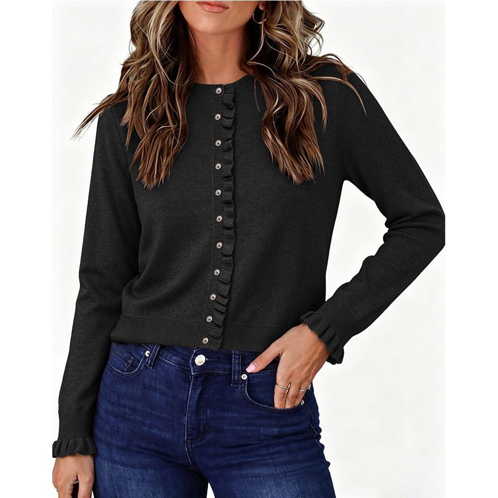 Ruffle Trim Crew Neck Button Front Knit Cardigan Sweater