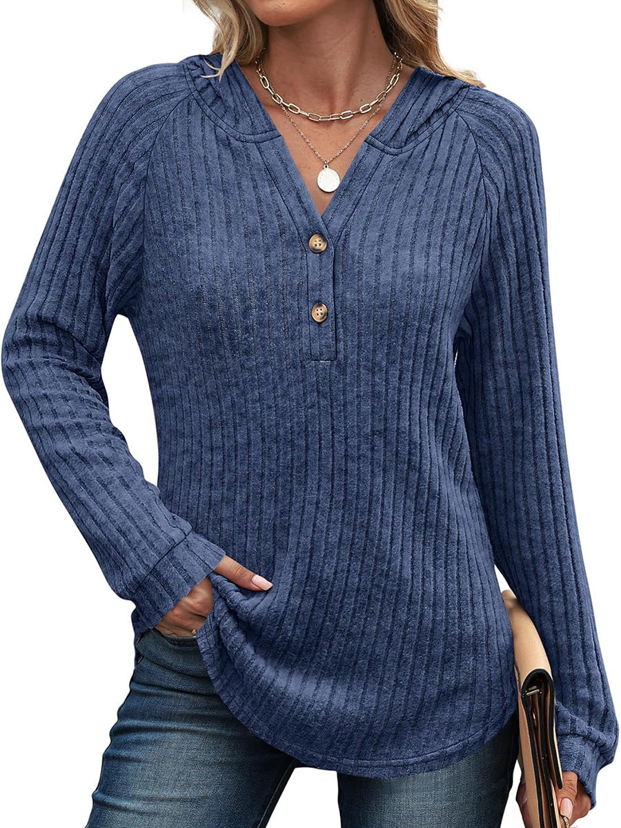 Women's Hooded V Neck Button Waffle Knit Pullover Top