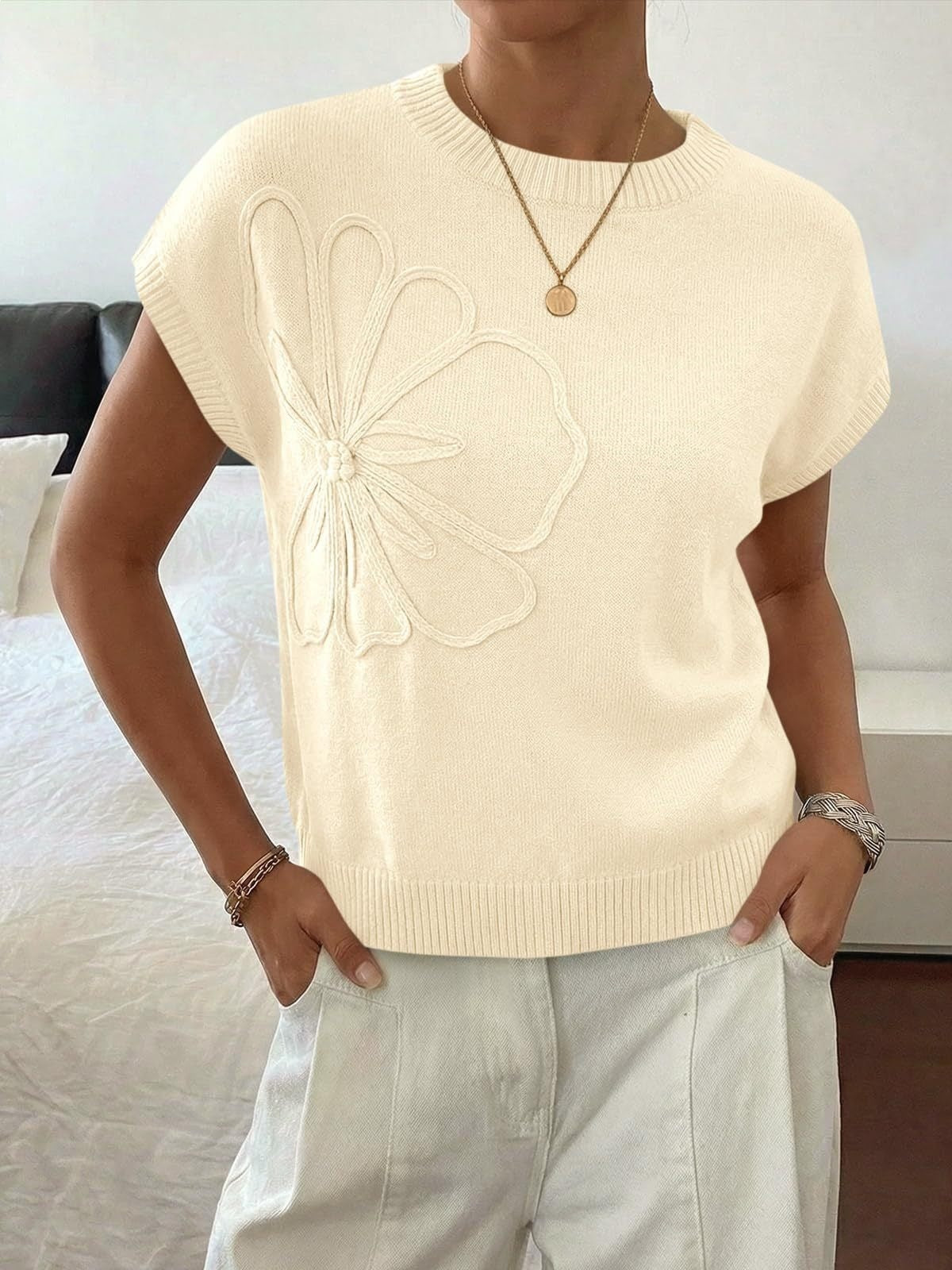Floral Knit Sweater Short Sleeve Textured Summer Top