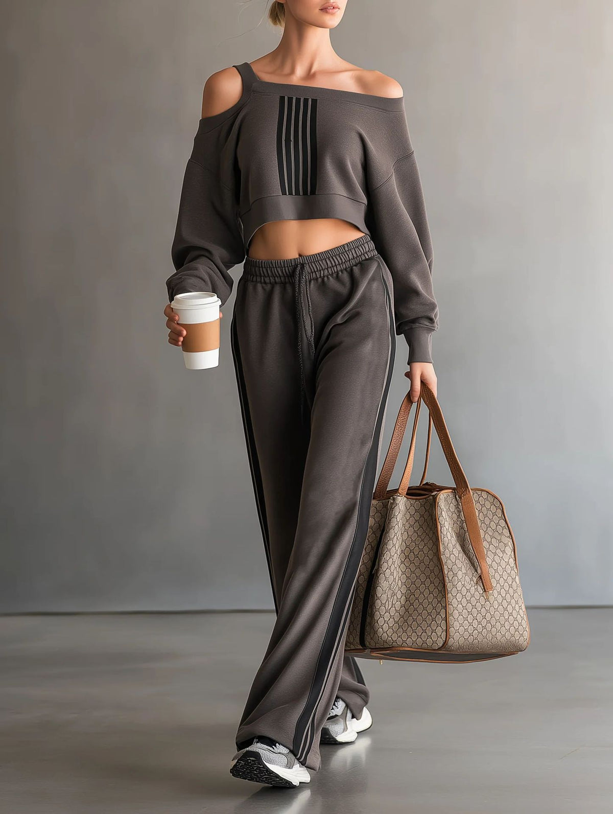 Off Shoulder Crop Sweatshirt and Sweatpants Matching Set